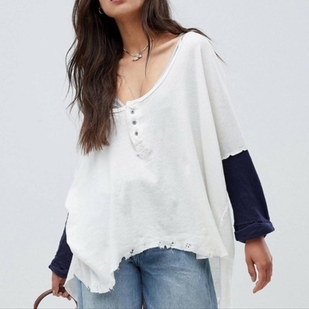 Free People White Tunic Top with Navy Long Sleeves